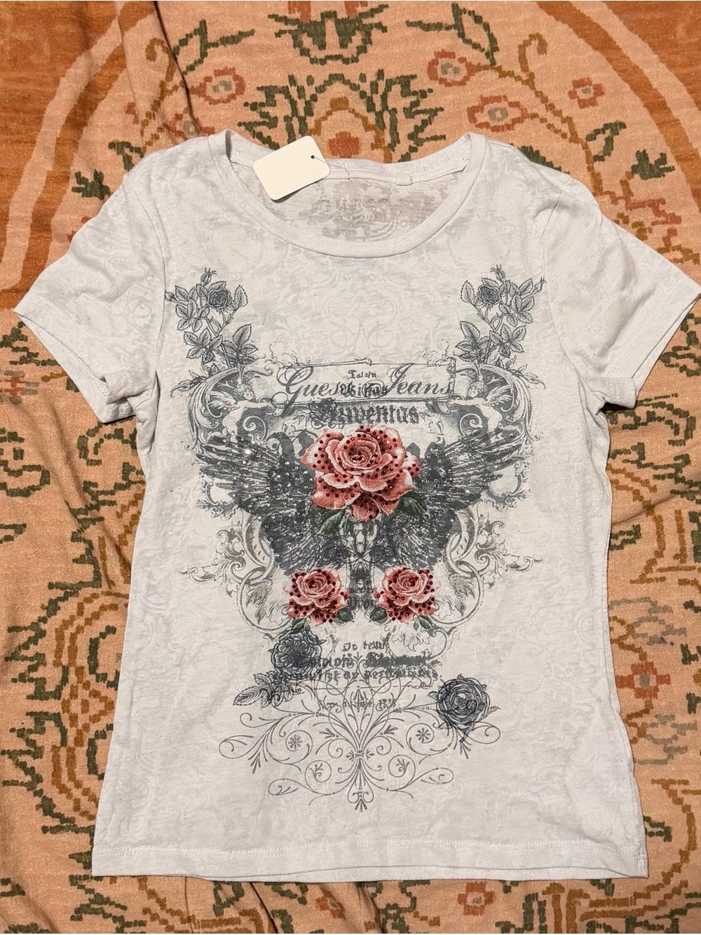 Guess White Graphic Logo Tee with Subtle Gray Print